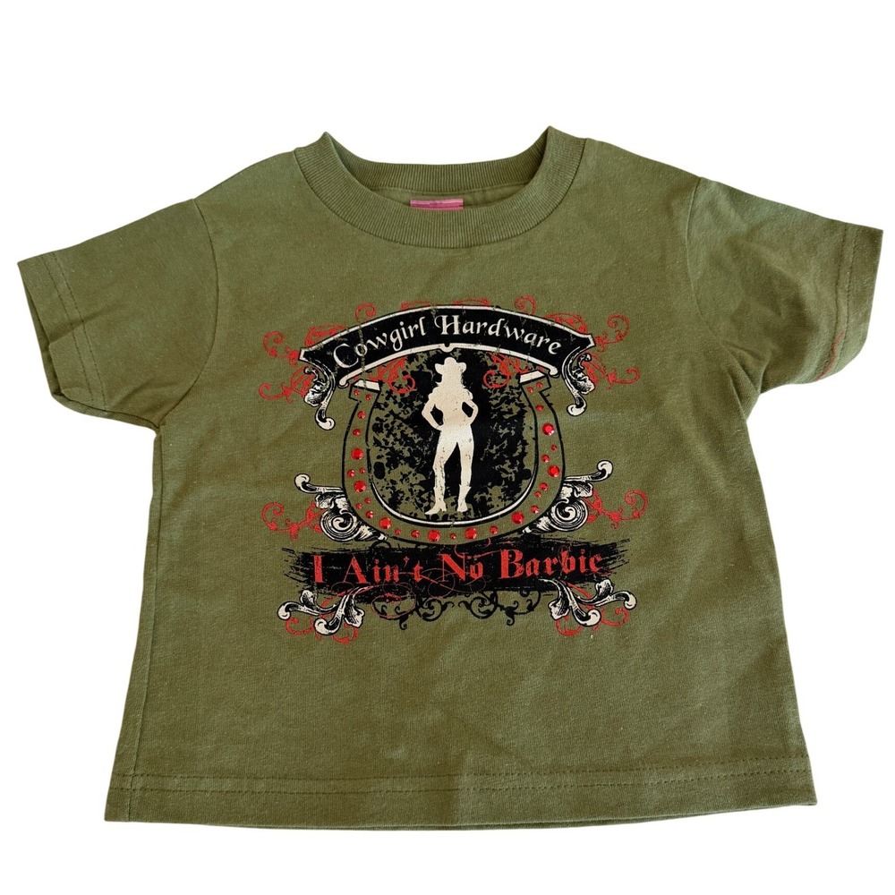 Cowgirl Hardware Girls I Ain't No Barbie Graphic Tee Olive Green Size 2